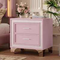 Mid-Century Vintage Nightstand with Silver Glitter Strip Decor, Velvet Bedside Table with Metal Legs and 2 Drawers, 22" L x 16" W x 22" H, Pink(m-4)