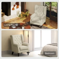 HOMCOM Fabric Accent Chair, Button Tufted Armchair, Upholstered Modern Living Room Chair, Wingback Chair with Wood Legs, Rolled Arms, Thick Padding for Bedroom, White(m-9)