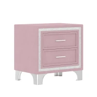 Mid-Century Vintage Nightstand with Silver Glitter Strip Decor, Velvet Bedside Table with Metal Legs and 2 Drawers, 22" L x 16" W x 22" H, Pink(m-6)