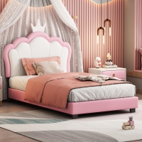 Twin Size Upholstered Princess Bed with Crown Headboard, Solid Poplar Wood Frame, Bed Frame for Children, 80" L x 41.5" W x 44" H, Pink