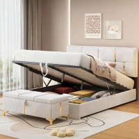 Queen Size Bedroom Set with Storage Ottoman, Upholstered Fabric, Hydraulic Platform Bed for Living Room, 85" L x 64.5" W x 41" H, Beige(m-1)