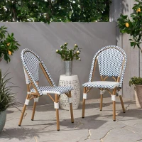 Set of 2 French Bistro Chairs with PE Rattan and Aluminium Frame, Outdoor Chairs with Bamboo Print Finish, 18.5'' L x 21.5'' W x 35'' H, White+Blue(m-1)