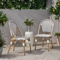 Set of 2 French Bistro Chairs with PE Rattan and Aluminium Frame, Outdoor Chairs with Bamboo Print Finish, 18.5'' L x 21.5'' W x 35'' H, White+Black(m-1)