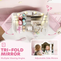 Qaba Kids Vanity Table and Chair Set with Lights, Makeup Dressing Table with Tri-Fold Mirror for Ages 3-8 Years, White(m-6)