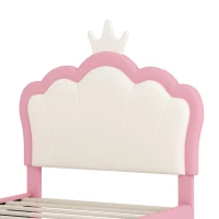 Twin Size Upholstered Princess Bed with Crown Headboard, Solid Poplar Wood Frame, Bed Frame for Children, 80" L x 41.5" W x 44" H, Pink(m-5)