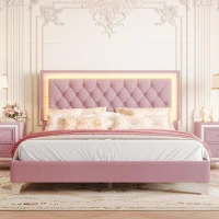 Queen Size Upholstered Bed Frame with LED Lights, Modern Velvet Platform Bed with Tufted Headboard, 84" L x 64" W x 44.5" H, Pink(m-6)