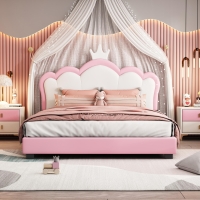 Full Size Upholstered Princess Bed with Crown Headboard, Solid Poplar Wood Frame, Bed Frame for Children, 80" L x 61.5" W x 44" H, Pink