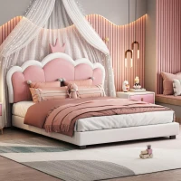 Full Size Upholstered Princess Bed with Crown Headboard, Solid Poplar Wood Frame, Bed Frame for Children, 80" L x 61.5" W x 44" H, Cream(m-4)