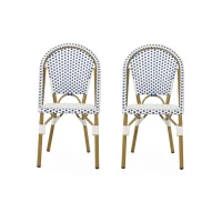 Set of 2 French Bistro Chairs with PE Rattan and Aluminium Frame, Outdoor Chairs with Bamboo Print Finish, 18.5'' L x 21.5'' W x 35'' H, White+Blue(m-2)