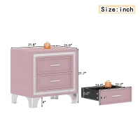 Mid-Century Vintage Nightstand with Silver Glitter Strip Decor, Velvet Bedside Table with Metal Legs and 2 Drawers, 22" L x 16" W x 22" H, Pink(m-3)