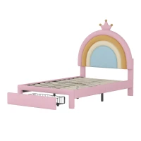 Twin Size Velvet Platform Bed with Storage Drawer, Upholstered Rainbow Design, Bed Frame for Children, 77.5" L x 40.5" W x 47" H, Pink(m-6)