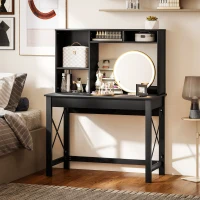 HOMCOM Computer Desk with Hutch, Home Office Table with Storage Shelves and Open Compartments for Writing, Work, Black(m-10)