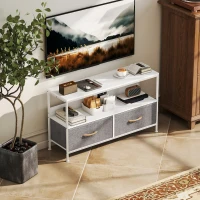 HOMCOM TV Stand with Charging Station, TV Table with 2 Foldable Linen Drawers and Open Shelf for 47 Inch Television, White(m-8)