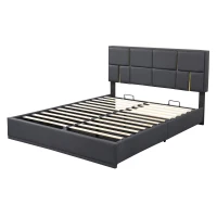 Queen Size Bedroom Set with Storage Ottoman, Upholstered Fabric, Hydraulic Platform Bed for Living Room, 85" L x 64.5" W x 41" H, Black(m-11)