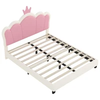 Full Size Upholstered Princess Bed with Crown Headboard, Solid Poplar Wood Frame, Bed Frame for Children, 80" L x 61.5" W x 44" H, Cream(m-7)