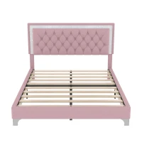 Queen Size Upholstered Bed Frame with LED Lights, Modern Velvet Platform Bed with Tufted Headboard, 84" L x 64" W x 44.5" H, Pink(m-2)