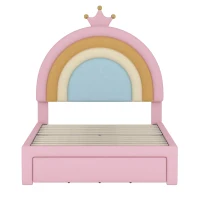 Twin Size Velvet Platform Bed with Storage Drawer, Upholstered Rainbow Design, Bed Frame for Children, 77.5" L x 40.5" W x 47" H, Pink(m-2)