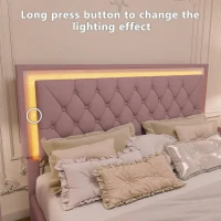 Queen Size Upholstered Bed Frame with LED Lights, Modern Velvet Platform Bed with Tufted Headboard, 84" L x 64" W x 44.5" H, Pink(m-4)