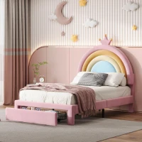 Twin Size Velvet Platform Bed with Storage Drawer, Upholstered Rainbow Design, Bed Frame for Children, 77.5" L x 40.5" W x 47" H, Pink(m-4)