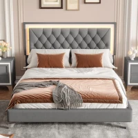 Queen Size Upholstered Bed Frame with LED Lights, Modern Velvet Platform Bed with Tufted Headboard, 84" L x 64" W x 44.5" H, Gray(m-1)