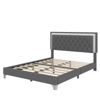 Queen Size Bedroom Set with Upholstered Platform Bed, LED Lights and 2 Nightstands, Bed for Living Room, 84" L x 64" W x 46" H, Gray(m-9)