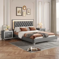 Queen Size Bedroom Set with Upholstered Platform Bed, LED Lights and 2 Nightstands, Bed for Living Room, 84" L x 64" W x 46" H, Gray(m-1)