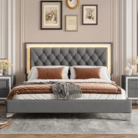 Queen Size Upholstered Bed Frame with LED Lights, Modern Velvet Platform Bed with Tufted Headboard, 84" L x 64" W x 44.5" H, Gray(m-6)