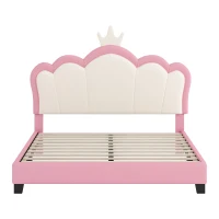 Full Size Upholstered Princess Bed with Crown Headboard, Solid Poplar Wood Frame, Bed Frame for Children, 80" L x 61.5" W x 44" H, Pink(m-2)