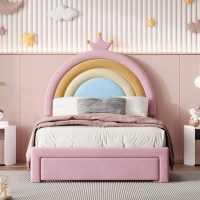 Twin Size Velvet Platform Bed with Storage Drawer, Upholstered Rainbow Design, Bed Frame for Children, 77.5" L x 40.5" W x 47" H, Pink
