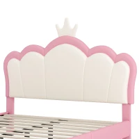Full Size Upholstered Princess Bed with Crown Headboard, Solid Poplar Wood Frame, Bed Frame for Children, 80" L x 61.5" W x 44" H, Pink(m-5)