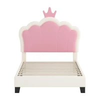 Twin Size Upholstered Princess Bed with Crown Headboard, Solid Poplar Wood Frame, Bed Frame for Children, 80" L x 41.5" W x 44" H, Cream(m-2)