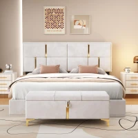 Queen Size Bedroom Set with Storage Ottoman, Upholstered Fabric, Hydraulic Platform Bed for Living Room, 85" L x 64.5" W x 41" H, Beige(m-5)
