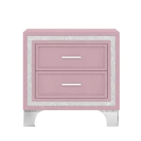 Mid-Century Vintage Nightstand with Silver Glitter Strip Decor, Velvet Bedside Table with Metal Legs and 2 Drawers, 22" L x 16" W x 22" H, Pink(m-2)