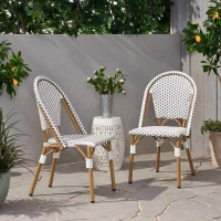 Set of 2 French Bistro Chairs with PE Rattan and Aluminium Frame, Outdoor Chairs with Bamboo Print Finish, 18.5'' L x 21.5'' W x 35'' H, White+Grey(m-1)