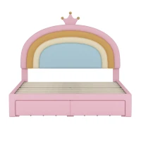 Full Size Upholstered Rainbow Design Bed with Velvet Finish and Storage Drawer, Bed Frame for Children, 77.5" L x 55.5" W x 47" H, Pink(m-2)