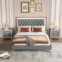 Queen Size Bedroom Set with Upholstered Platform Bed, LED Lights and 2 Nightstands, Bed for Living Room, 84" L x 64" W x 46" H, Gray(m-5)