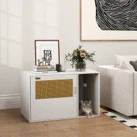 PawHut Cat Litter Box Enclosure, Cat Washroom End Side Table with Rattan Door, Scratching Pad, Non-slip Foot Pads, White(m-8)