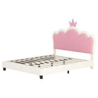 Full Size Upholstered Princess Bed with Crown Headboard, Solid Poplar Wood Frame, Bed Frame for Children, 80" L x 61.5" W x 44" H, Cream(m-8)