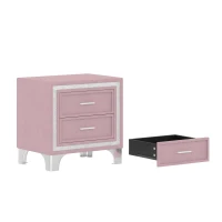 Mid-Century Vintage Nightstand with Silver Glitter Strip Decor, Velvet Bedside Table with Metal Legs and 2 Drawers, 22" L x 16" W x 22" H, Pink(m-7)