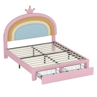 Full Size Upholstered Rainbow Design Bed with Velvet Finish and Storage Drawer, Bed Frame for Children, 77.5" L x 55.5" W x 47" H, Pink(m-8)
