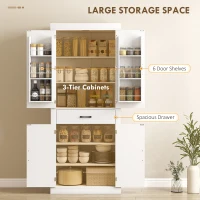 HOMCOM 72" Kitchen Pantry Cabinet, Farmhouse Kitchen Storage Cabinet with 4 Barn Doors, 6 Door Shelves, Drawer, White(m-5)