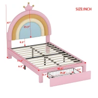Twin Size Velvet Platform Bed with Storage Drawer, Upholstered Rainbow Design, Bed Frame for Children, 77.5" L x 40.5" W x 47" H, Pink(m-3)