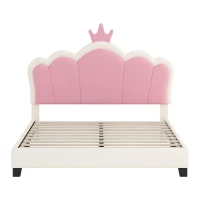 Full Size Upholstered Princess Bed with Crown Headboard, Solid Poplar Wood Frame, Bed Frame for Children, 80" L x 61.5" W x 44" H, Cream(m-2)