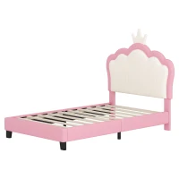 Twin Size Upholstered Princess Bed with Crown Headboard, Solid Poplar Wood Frame, Bed Frame for Children, 80" L x 41.5" W x 44" H, Pink(m-8)