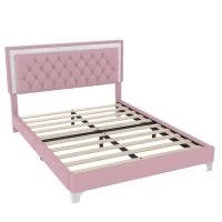 Queen Size Upholstered Bed Frame with LED Lights, Modern Velvet Platform Bed with Tufted Headboard, 84" L x 64" W x 44.5" H, Pink(m-9)