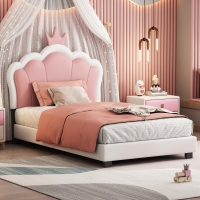 Twin Size Upholstered Princess Bed with Crown Headboard, Solid Poplar Wood Frame, Bed Frame for Children, 80" L x 41.5" W x 44" H, Cream