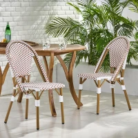 Set of 2 French Bistro Chairs with PE Rattan and Aluminium Frame, Outdoor Chairs with Bamboo Print Finish, 18.5'' L x 21.5'' W x 35'' H, White+Red(m-1)
