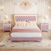 Queen Size Bedroom Set with Upholstered Platform Bed, LED Lights and 2 Nightstands, Bed for Living Room, 84" L x 64" W x 46" H, Pink(m-5)