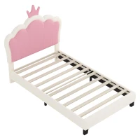 Twin Size Upholstered Princess Bed with Crown Headboard, Solid Poplar Wood Frame, Bed Frame for Children, 80" L x 41.5" W x 44" H, Cream(m-9)