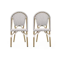 Set of 2 French Bistro Chairs with PE Rattan and Aluminium Frame, Outdoor Chairs with Bamboo Print Finish, 18.5'' L x 21.5'' W x 35'' H, White+Black(m-2)